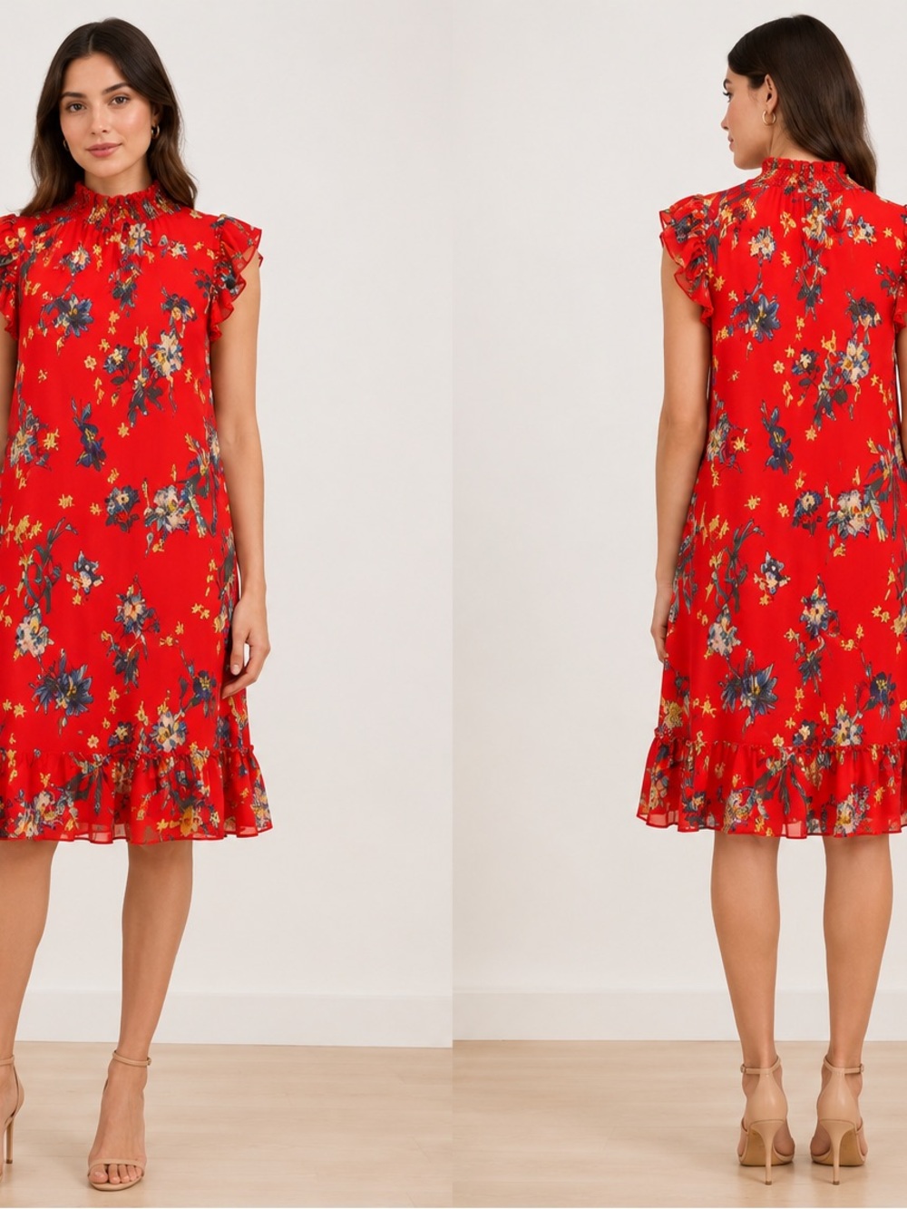 CeCe Bright Red Floral Midi Dress with Ruffle Collar, fully lined